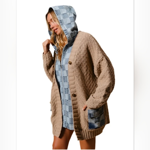 BIBI Cable Knit & Checkered Denim Zip Up Cardigan in Latte/Denim. Sz M. NWT - Picture 4 of 7